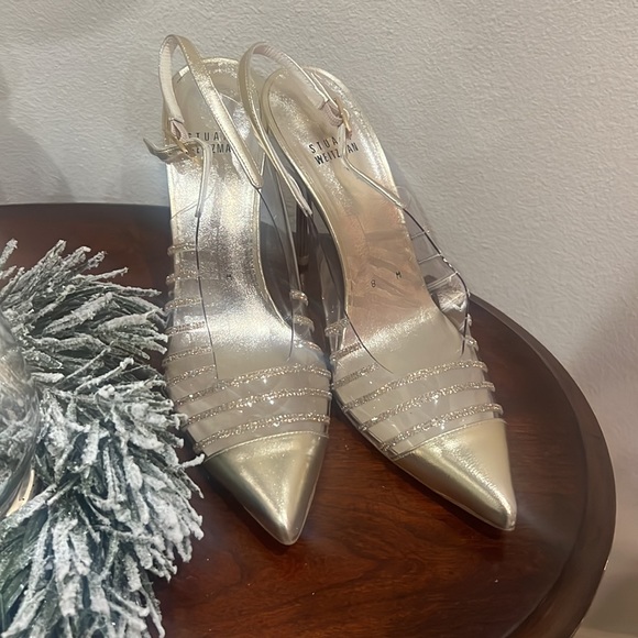 New Stuart Weitzman Slingback Gold Heels w/ Crystals (Size 8M) - Picture 1 of 16
